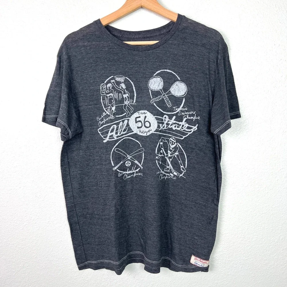 True Religion Mens All State 56 Sports Graphic T-Shirt Grey Crew Neck Large USA